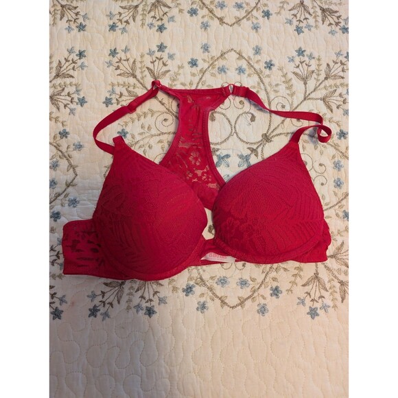 Victoria Secret PINK Bra 32B Lightly Lined Red Lace Front Close Racerback Underw - Picture 1 of 5